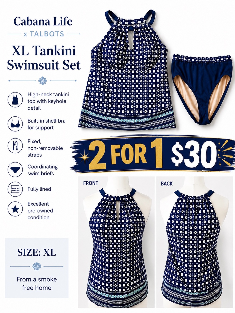 Cabana Life XL Tankini Swimsuits Sets 4 pieces- Blue Geometric Print 2 sets.